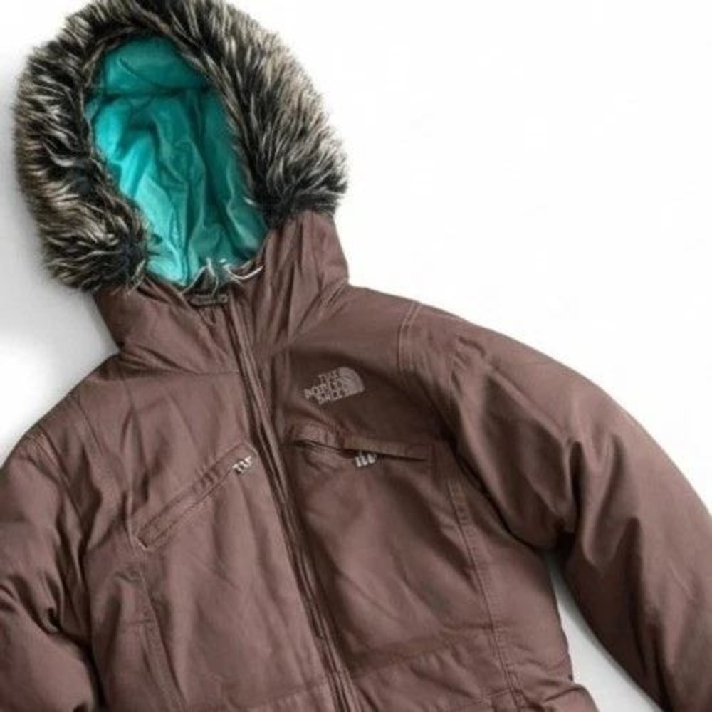 The North Face HyVent Parka Women XS Brown Faux Fur Hood Teal Lining Long Coat